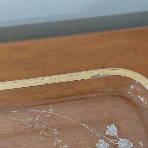 Glass serving platter used with gold handles and painted flowers