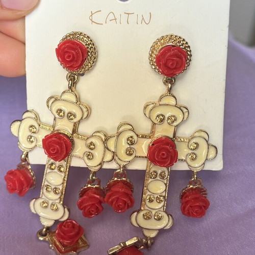 Earrings new, white and red floral cross design