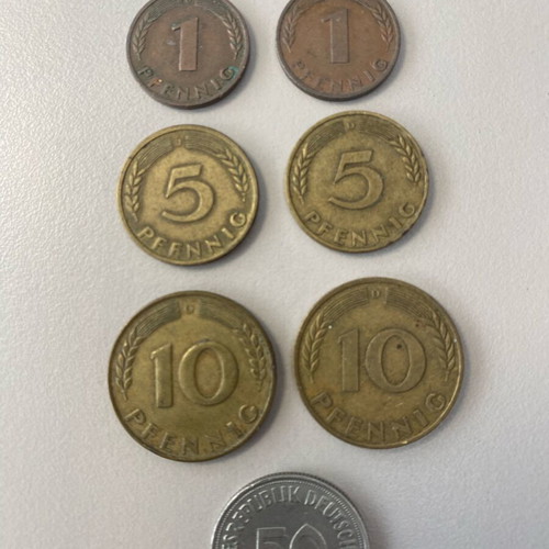Collectible set of 7 Pfennig coins Germany 1949-1950 used