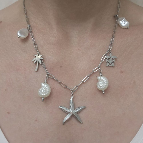 Golden Treasures summer silver stainless steel necklace with starfish and pearls