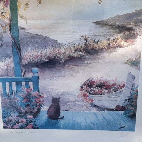Vintage decorative art print “La Barque Fleurie” in frame, like new