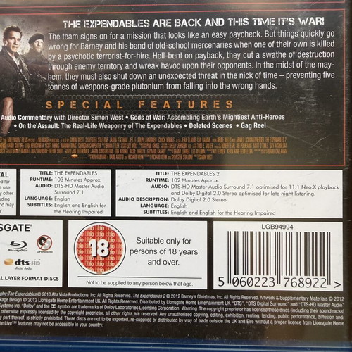 Blu-ray The Expendables 1 and 2 set like new with English subtitles