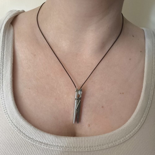 Handmade Silver 925 Clothespin Pendant Necklace with Black Cord
