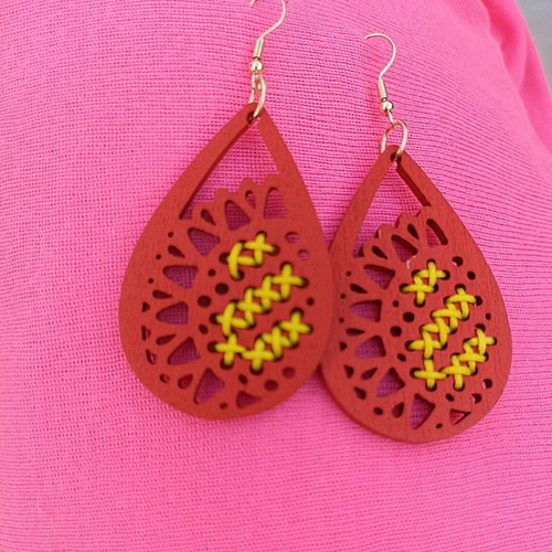 Wooden earrings with red embroidery like new