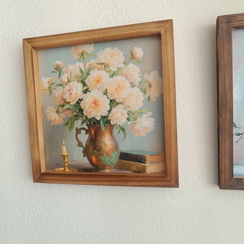 Decorative painting with wooden frame, peonies vase theme, like new