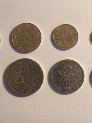 Collection of old French coins used, vintage francs
