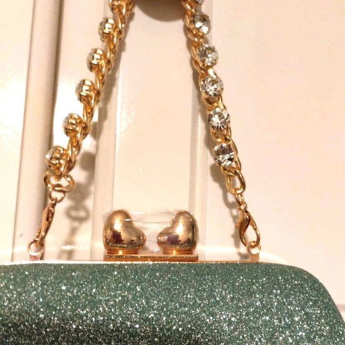 Mint rhinestone clutch bag new with heart clasp and chains