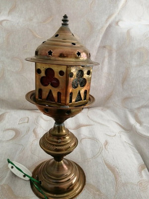 Brass table lamp used with colored glass and two brass plates