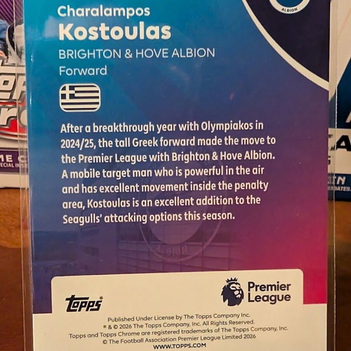 2025-26 Topps Chrome Premier League Charalampos Kostoulas Pulsar Refractor card like new