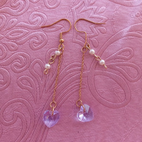 Colorful heart and pearl dangle earrings, stainless steel