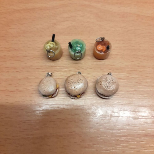 Handmade polymer clay charms new, miniature drinks and burgers