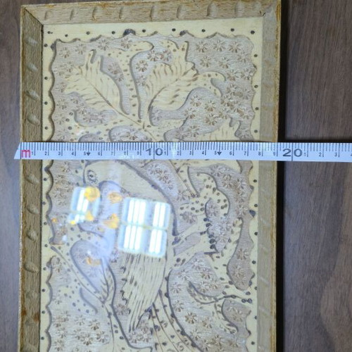 Wooden vintage folk art tray with embossed peacock and pyrography, like new