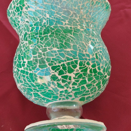 Glass mosaic candle holder new in green and light blue