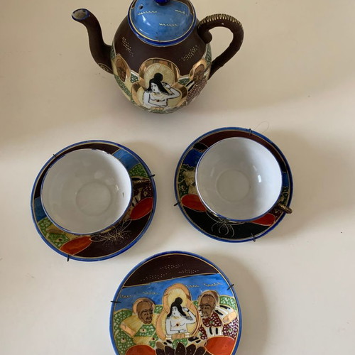 Japanese vintage tea set used with geisha motif 1950s porcelain