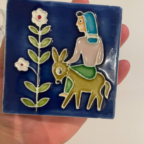 Folk Scene tile used with woman and donkey, ceramic