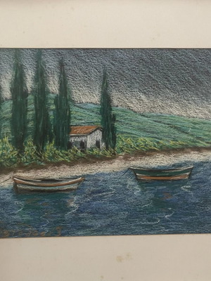 Seascape with Cypresses pastel painting on paper