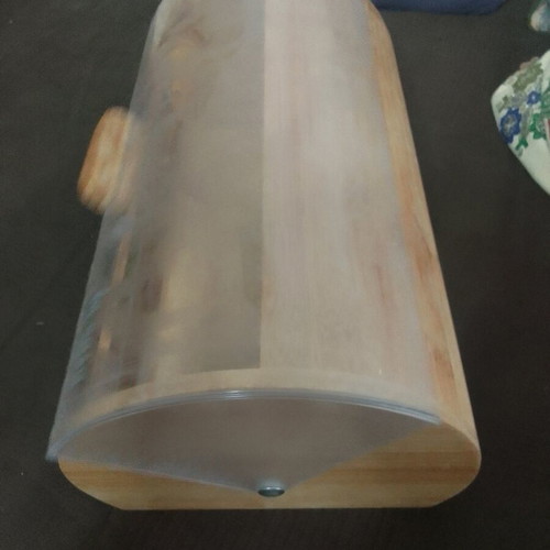 Wooden bread box like new with sandblasted lid