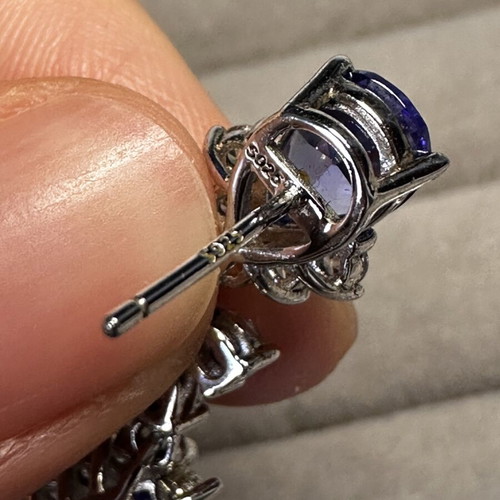 925 Sterling Silver Drop Earrings like new with lab-grown tanzanites and moissanites