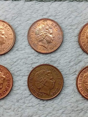United Kingdom Coins used, set of 6, 1 Penny 2005-2010