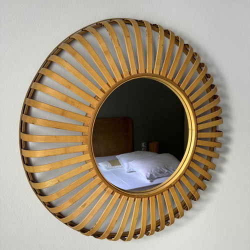Baboo Round Wall Mirror Beige Wooden New Diameter 70cm