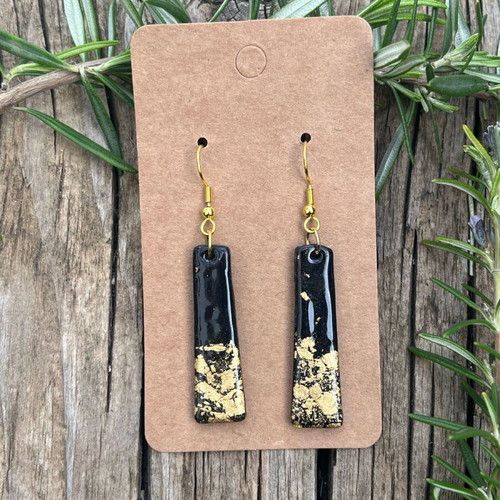 Handmade earrings black gold from polymer clay new on steel metal