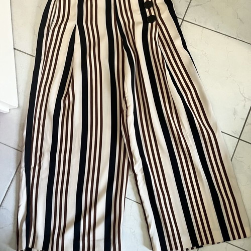 Zara striped wide-leg pants, beige with black and brown details