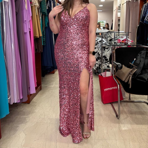 Evening dress with pink sequins new, long with slit