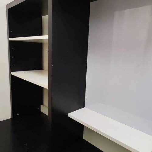 Bookcase used, black color with shelves and drawer