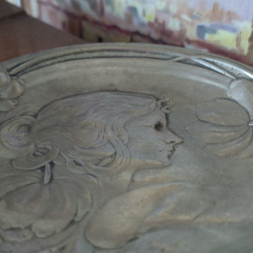 Art Nouveau Antique Pewter Decorative Plate used