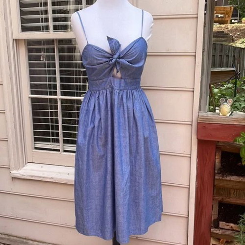Zara denim cotton midi dress blue with cutout and bow XS used