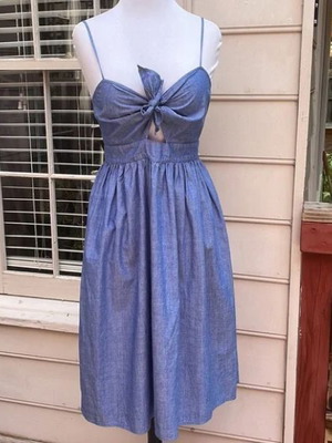 Zara denim cotton midi dress blue with cutout and bow XS used