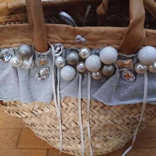 Handmade straw beach bag with decorative details, like new, beige