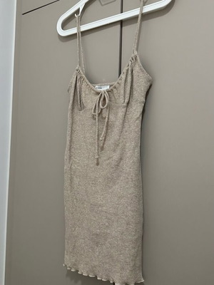 Bershka Rib Mini Dress with Cord - Beige/Sand