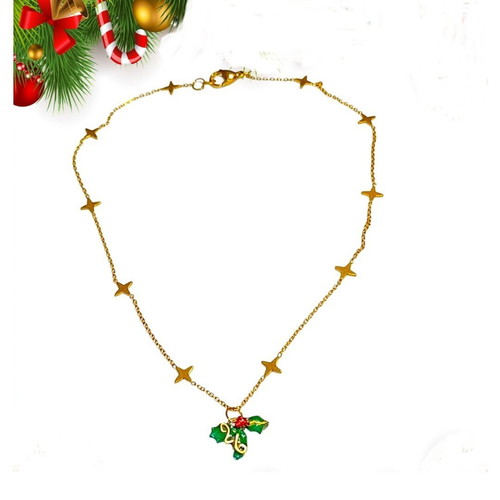 Handmade 2026 lucky necklace with mistletoe and steel chain with stars, new