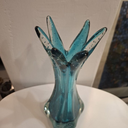 Teal Bubble Sommerso Seguso Murano glass vase used, 1970s Italy