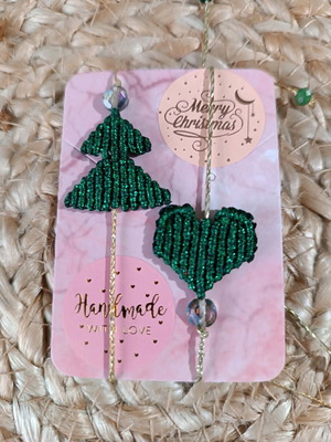 Set of 2 macrame bracelets Christmas tree and heart with glass bead new