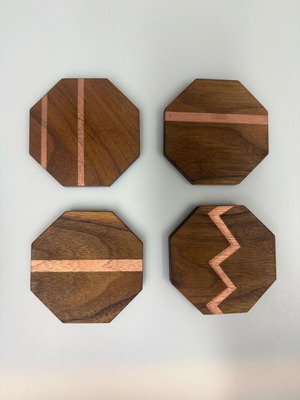 Set of 4 natural walnut coasters with rose gold details new