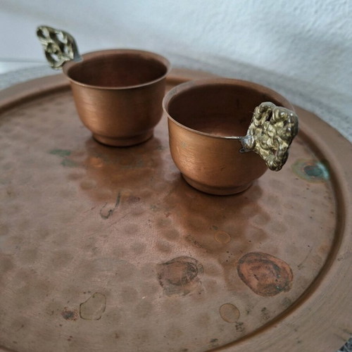 Copper hammered tray with glasses, used, 1960s