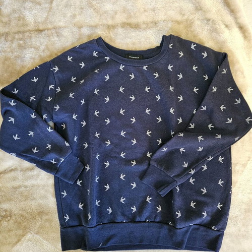 Blue sweatshirt with bird design used, size M
