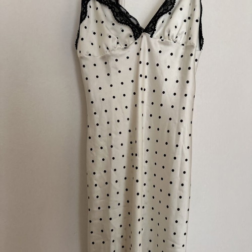 White satin maxi polka dot dress with black lace details, like new