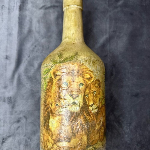 Handmade bottle with decoupage lion family theme, new