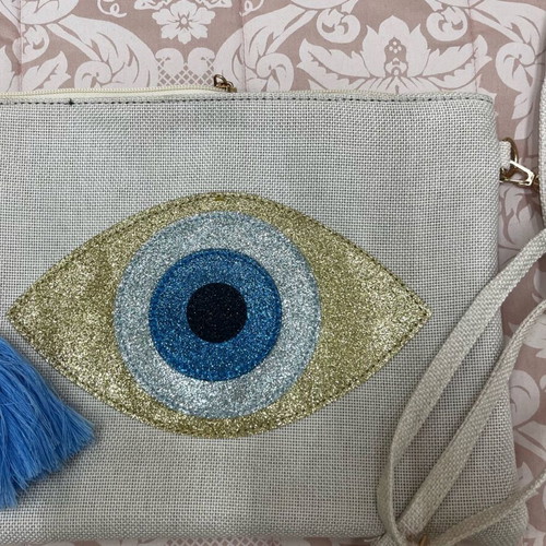 Bag clutch new with long strap white and beige