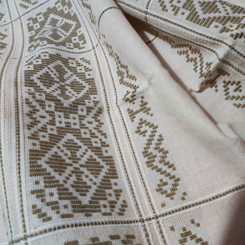 Cretan woven tablecloth new, ecru with khaki-gold patterns