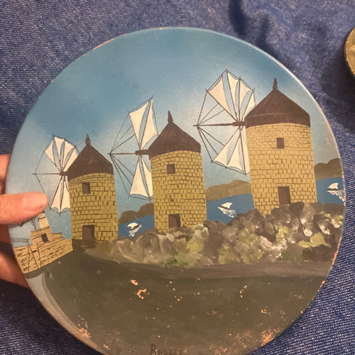 Vintage tourist wall plates used, set of 2, hand-painted from Rhodes