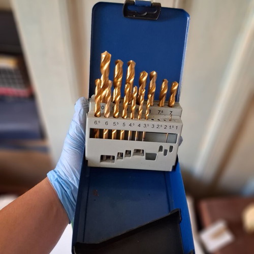 HSS drill bit set used, 14 pieces in metal case