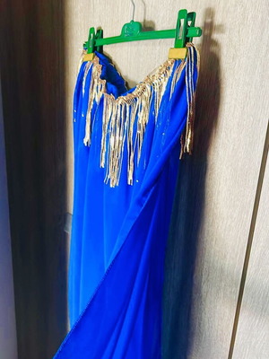 Handmade belly dance costume, blue and gold