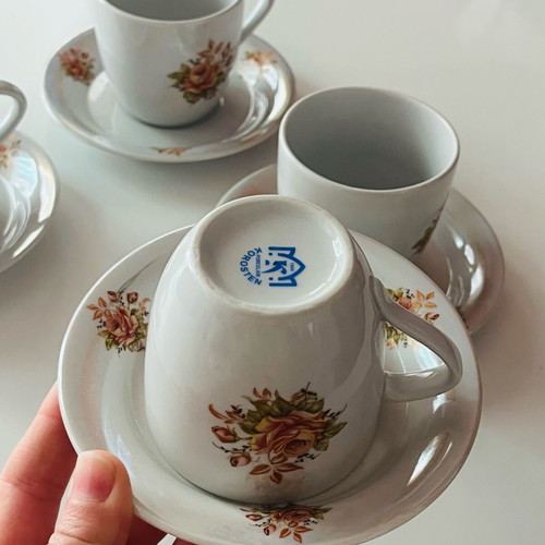 Korosten vintage coffee/tea set used, 4 persons, iridescent porcelain