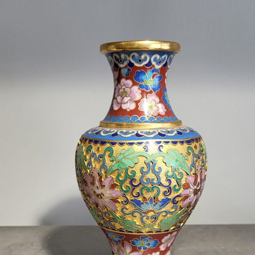 Handmade Cloisonne Vase like new with bronze floral designs