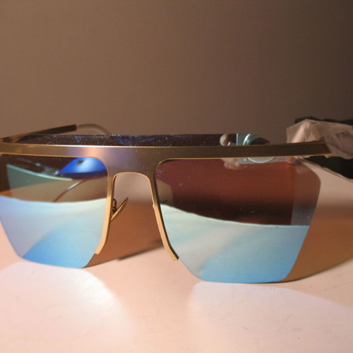 Stylish women's sunglasses with blue mirrored lenses, gold frame