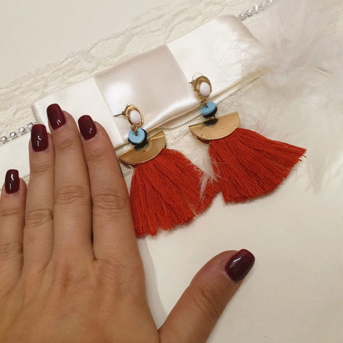 Red tassel earrings new with blue beads